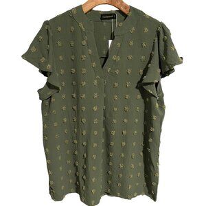 Fantaslook Green Flowy V Neck Tunic Blouse Medium